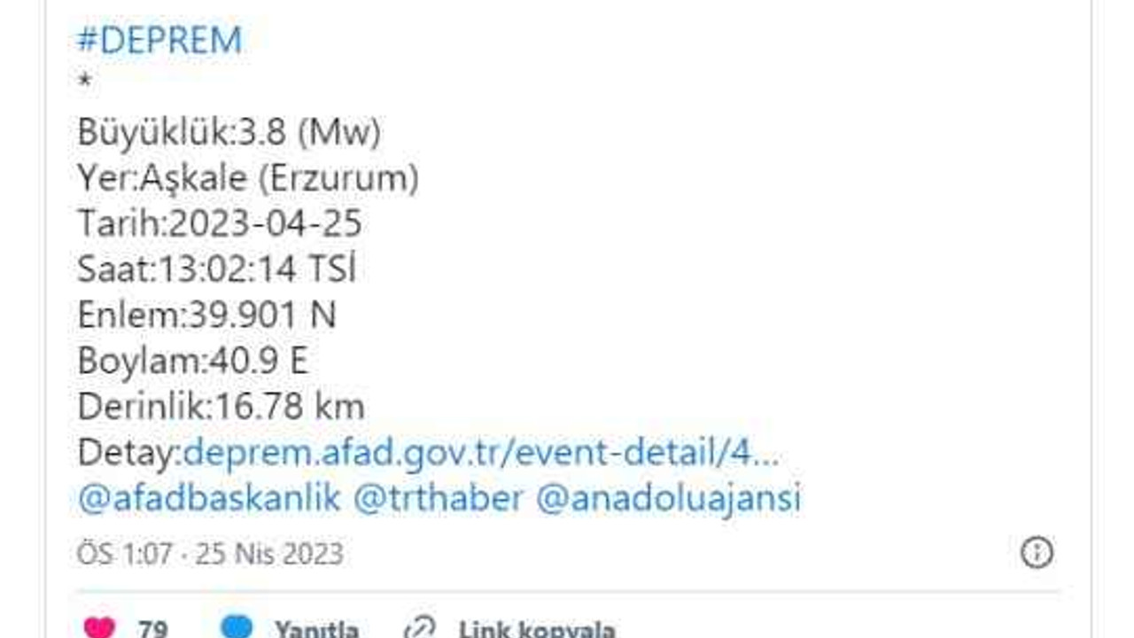 Erzurum'da deprem