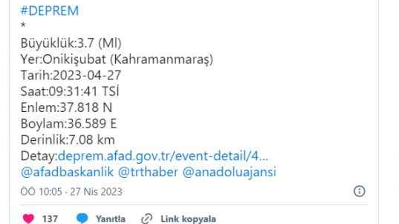 Kahramanmaraş'ta deprem!