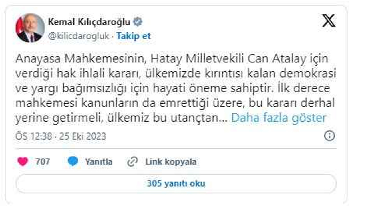 Kılıçdaroğlu’ndan ‘Can Atalay’ açıklaması: ‘Ülkemiz bu utançtan kurtulmalıdır’