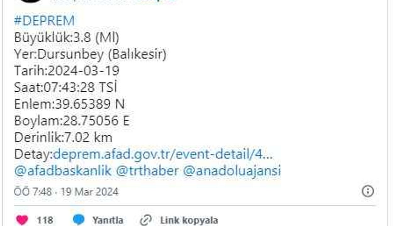AFAD duyurdu: Balıkesir'de deprem!