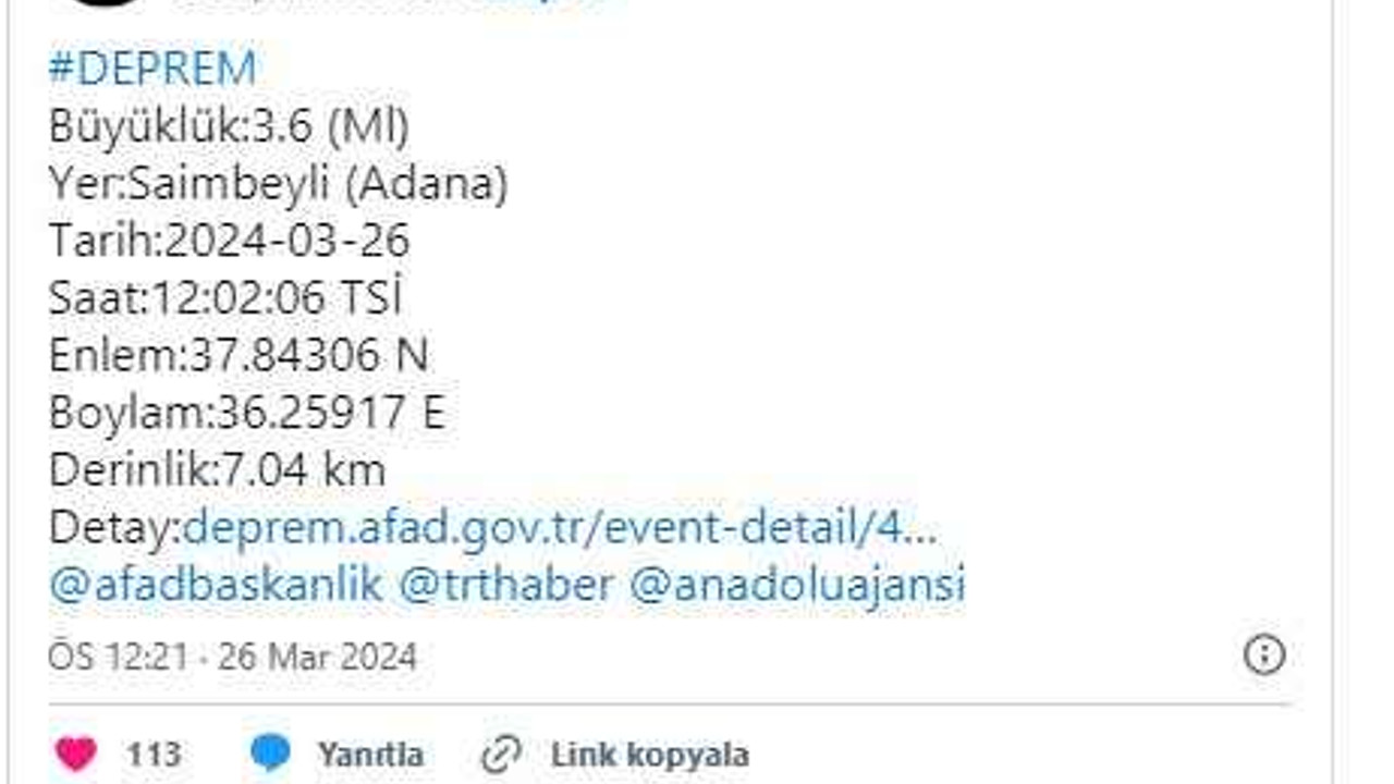 AFAD duyurdu: Adana'da deprem!