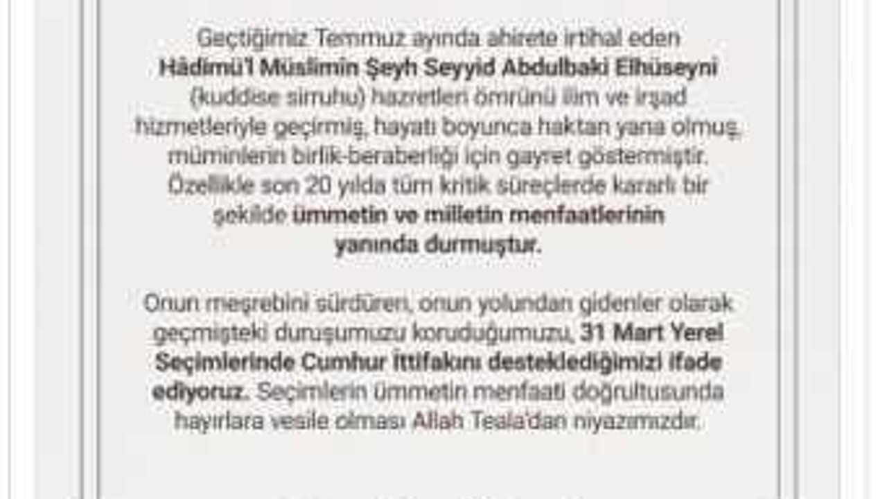Menzil cemaati Cumhur İttifakı'na desteğini açıkladı