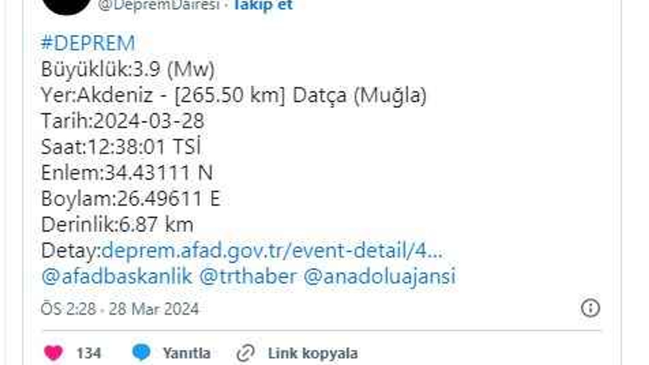 AFAD duyurdu: Akdeniz'de deprem!
