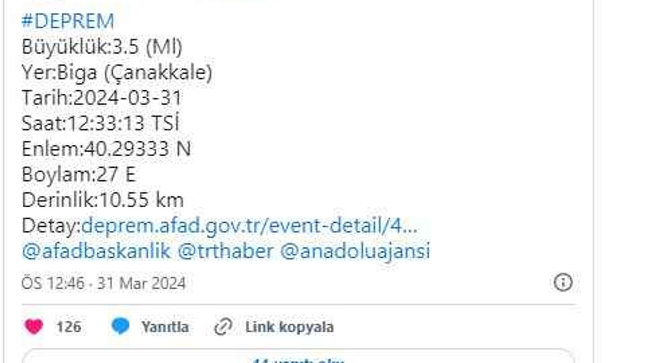 AFAD duyurdu: Çanakkale'de deprem!