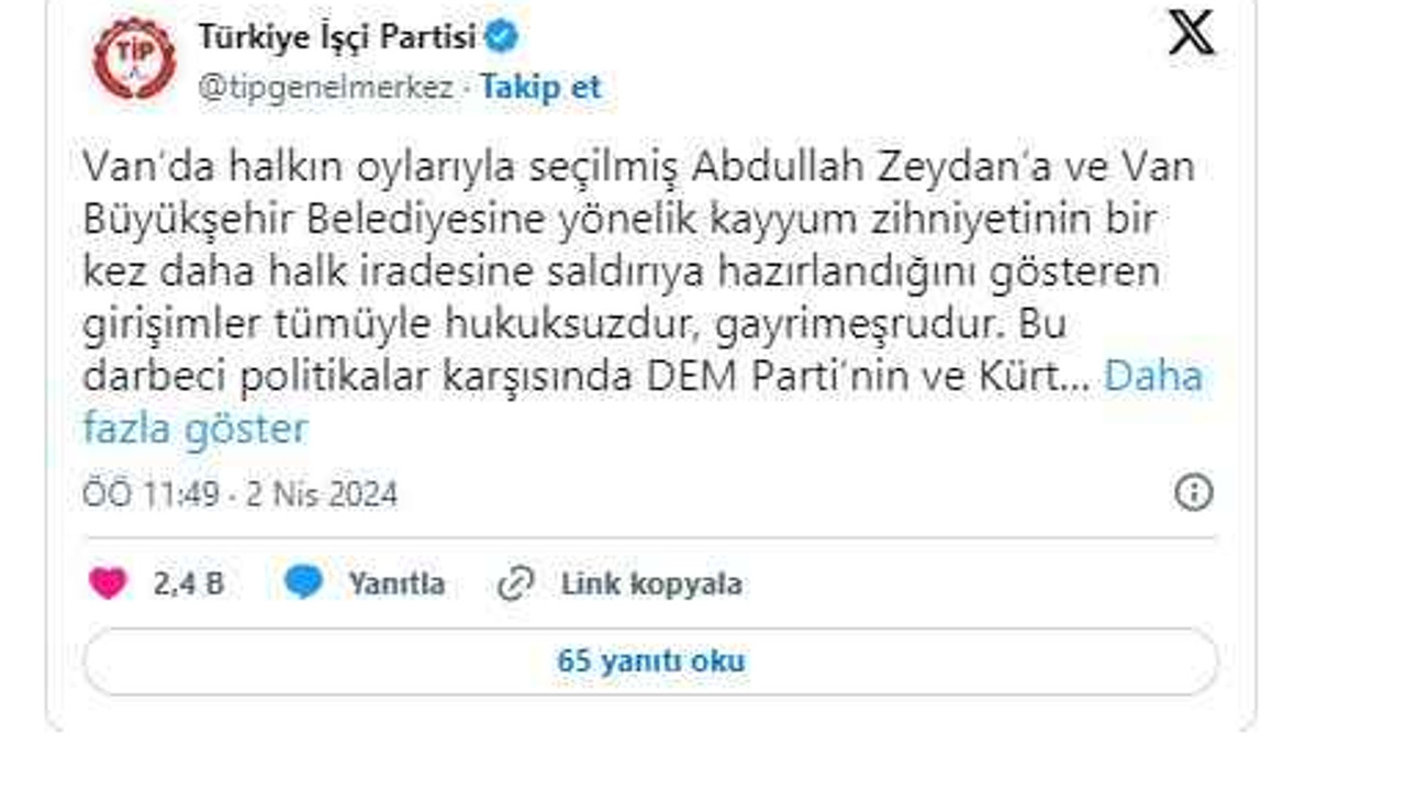 Türkiye İşçi Partisi'nden DEM Parti'ye destek
