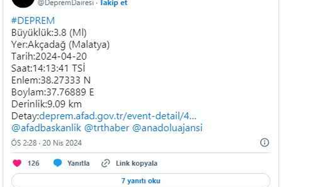 AFAD duyurdu: Malatya'da deprem!