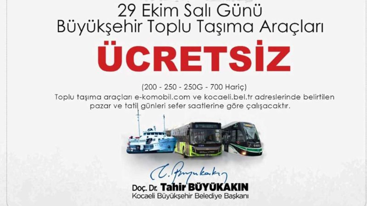 Kocaeli’de 29 Ekim’de ulaşım ücretsiz