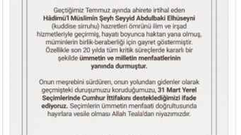 Menzil cemaati Cumhur İttifakı'na desteğini açıkladı