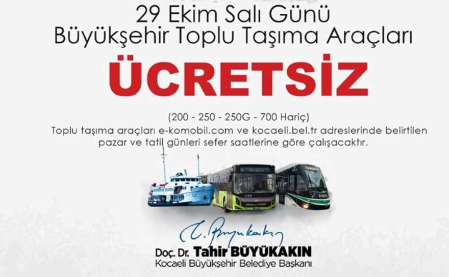 Kocaeli’de 29 Ekim’de ulaşım ücretsiz