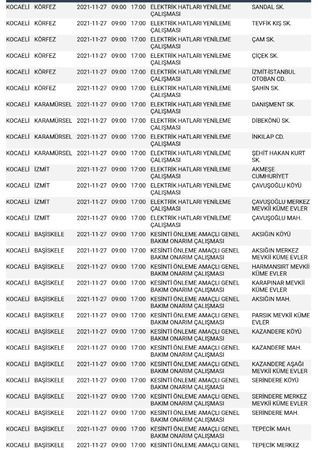 Kocaeli’de 9 ilçede elektrik kesilecek (27 Kasım Cumartesi)