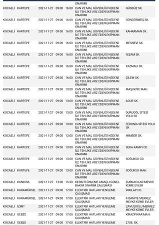 Kocaeli’de 9 ilçede elektrik kesilecek (27 Kasım Cumartesi)