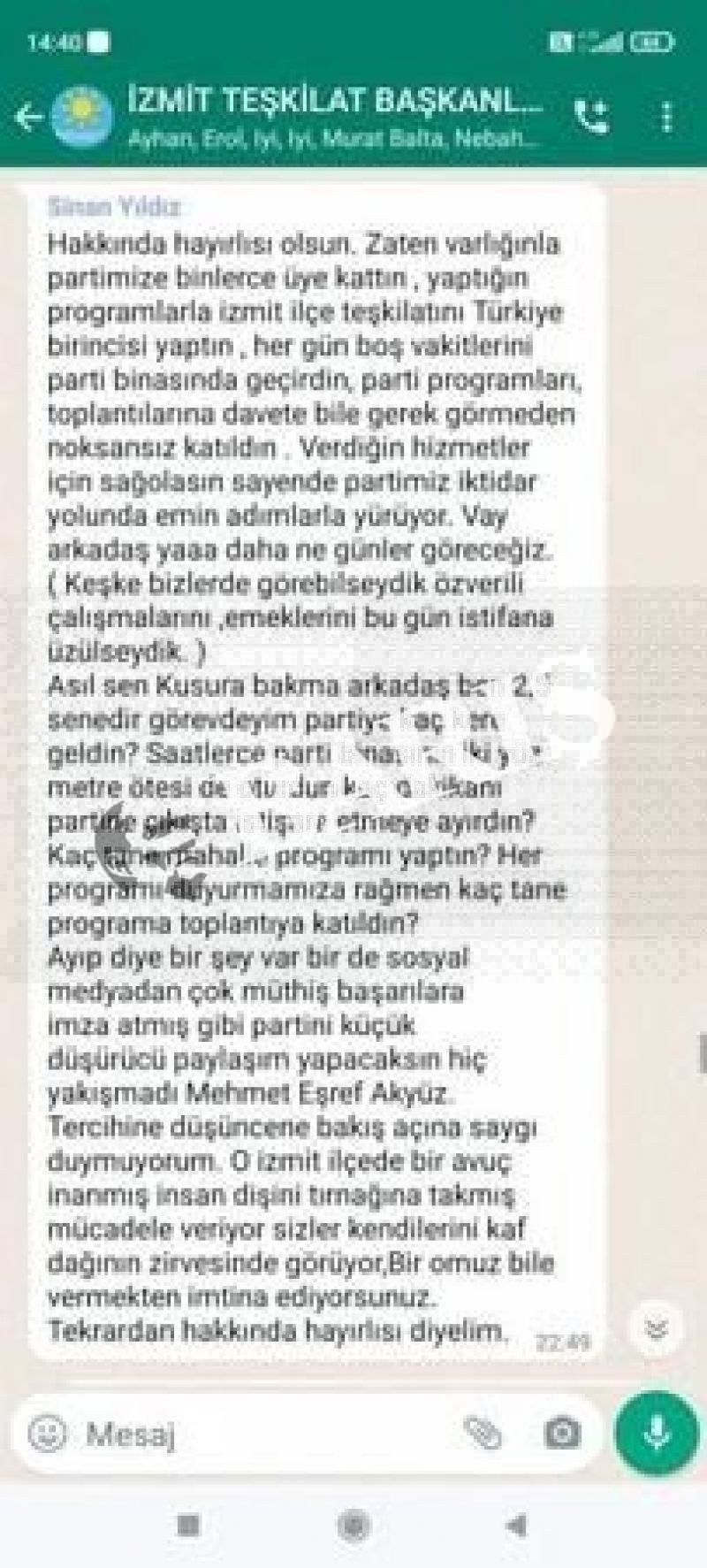 İstifa eden başkana Whatsapp grubunda saydırdı