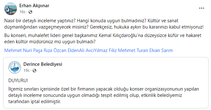 "Konseri, Kılıçdaroğlu’na küfür eden müdürünüz mü uygun bulmadı?"