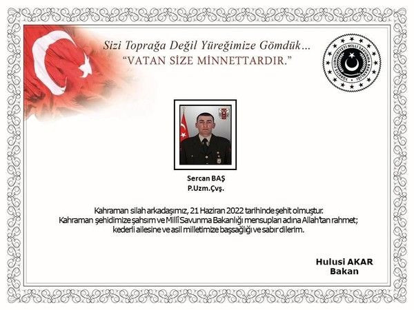 Pençe- Kilit Harekat bölgesinde bir asker şehit oldu