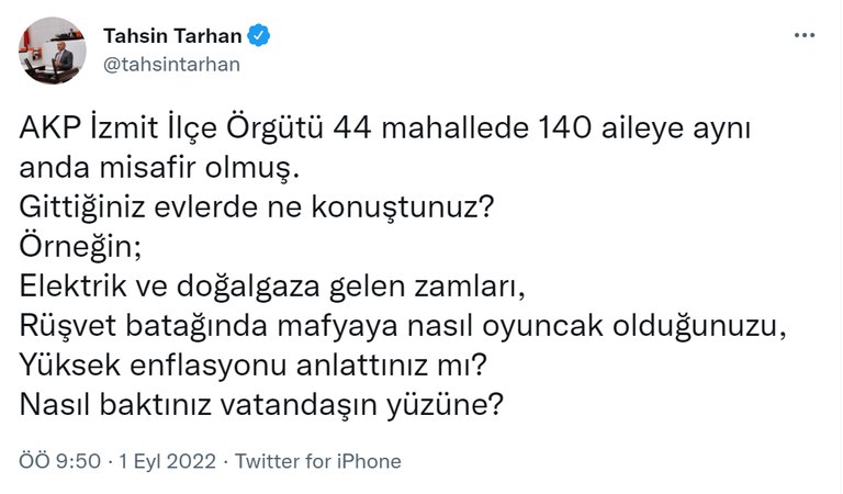 Tarhan’dan AKP İzmit’e: Gittiğiniz evlerde ne konuştunuz?