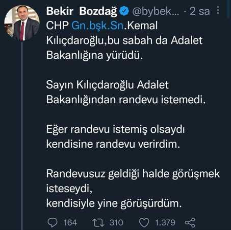 Bakan Bozdağ, Kılıçdaroğlu’na sosyal medyadan yanıt verdi: RANDEVU İSTESEYDİ VERİRDİM