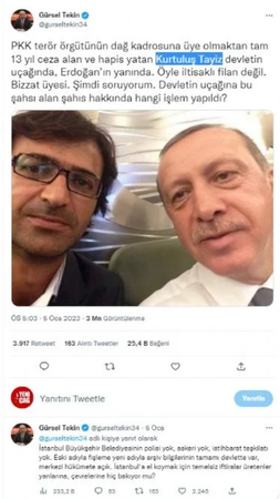 PKK'nın dağ kadrosunda olmaktan 13 yıl hapis yatan şahsın Erdoğan'ın uçağındaki fotoğrafını paylaştı!