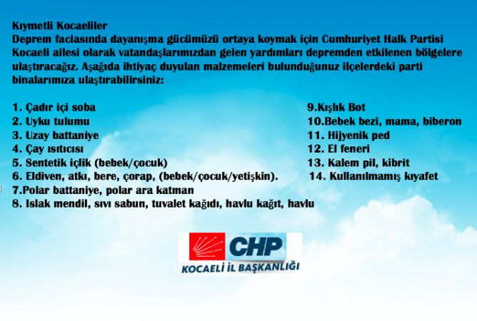 CHP Kocaeli depremzedeler için harekete geçti