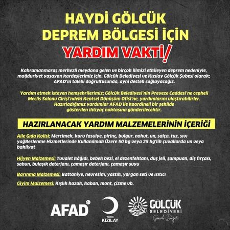 Gölcük Belediyesi Deprem Bölgesi için yardım kampanyası başlattı