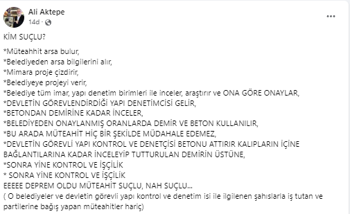 Eski meclis üyesinden dikkat çeken çıkış: Müteahhit suçlu nah suçlu!