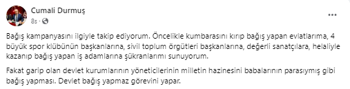 Durmuş: Devlet bağış yapmaz, görevini yapar