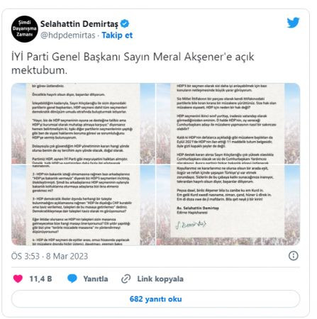Demirtaş'tan Akşener'e açık mektup!