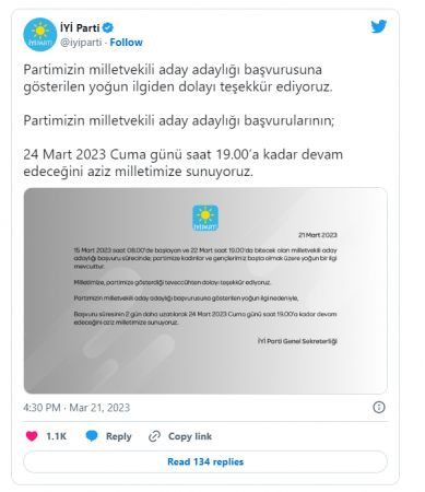 İYİ Parti'de aday adaylığı için başvuru süresi uzatıldı