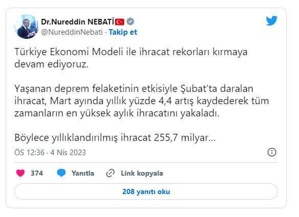 Nebati 'ihracatta rekor' dedi dış ticaret açığını unuttu