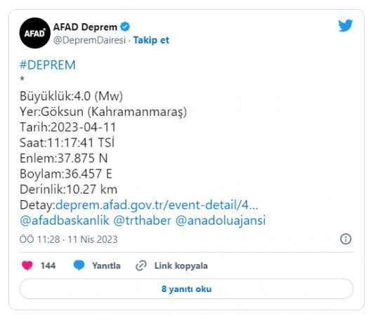 Kahramanmaraş'ta deprem