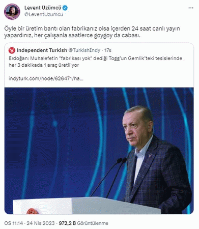 Erdoğan’a TOGG cevabı: Fabrikanız olsa içeriden 24 saat canlı yayın yapardınız