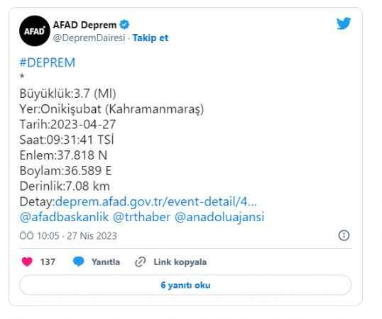 Kahramanmaraş'ta deprem!