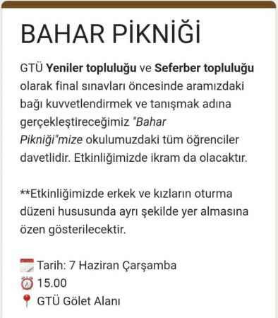 Gebze Teknik Üniversitesi'nde haremlik selamlık piknik