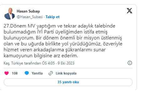 İstifalar durulmuyor... İYİ Partili Subaşı, partisinden istifa etti