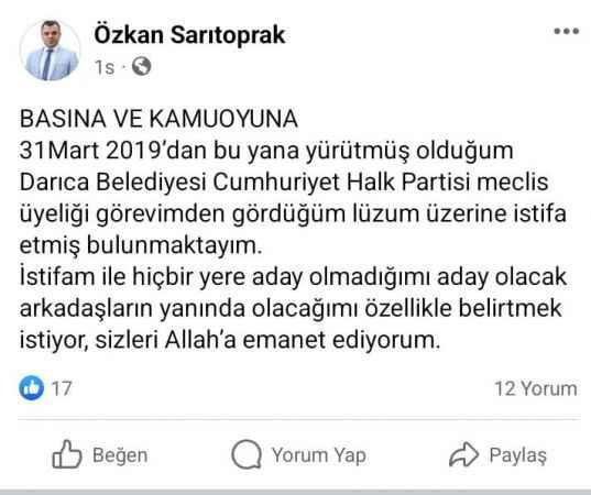 Özkan Sarıtoprak, istifa etti