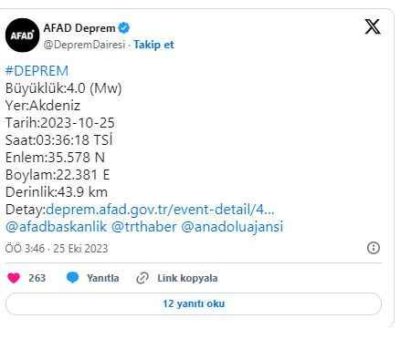 Akdeniz'de 4 büyüklüğünde deprem!