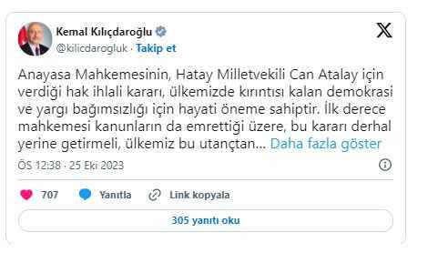Kılıçdaroğlu’ndan ‘Can Atalay’ açıklaması: ‘Ülkemiz bu utançtan kurtulmalıdır’