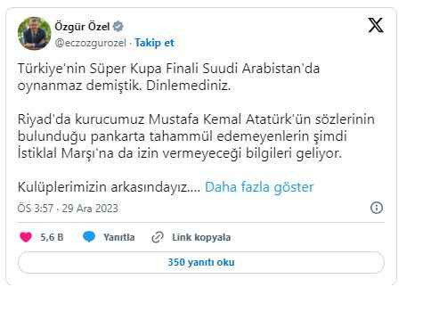 Özgür Özel'den 'Süper Kupa' krizine ilişkin tepki: 'Bu soytarılığa son verin'