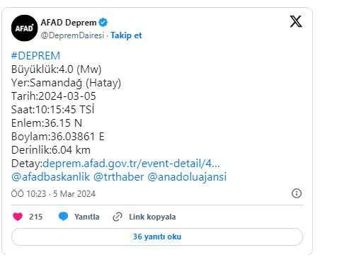 AFAD duyurdu: Hatay'da deprem!