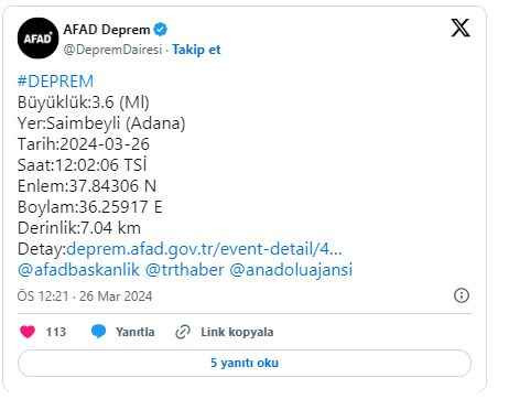 AFAD duyurdu: Adana'da deprem!