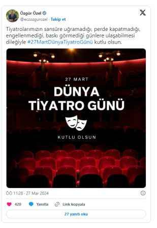 Özgür Özel Dünya Tiyatro Günü'nde 'sansür' vurgusu yaptı