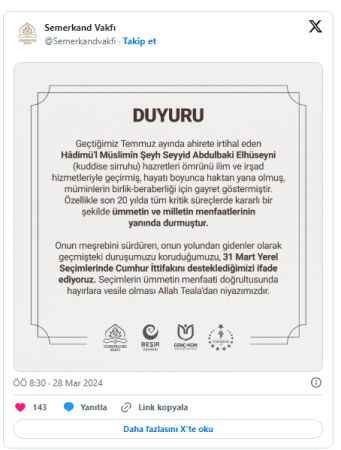 Menzil cemaati Cumhur İttifakı'na desteğini açıkladı