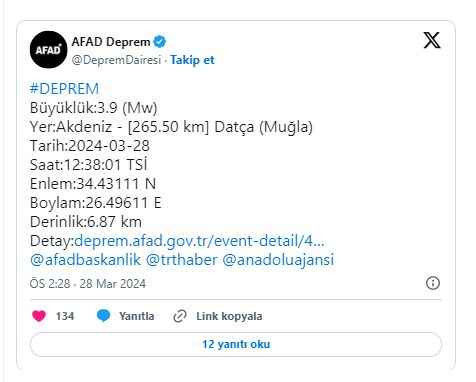 AFAD duyurdu: Akdeniz'de deprem!