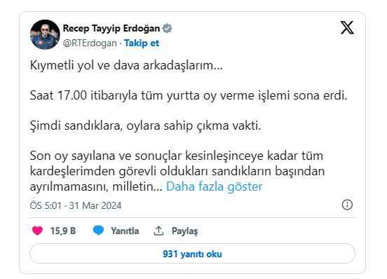 Cumhurbaşkanı Erdoğan'dan sandık çağrısı