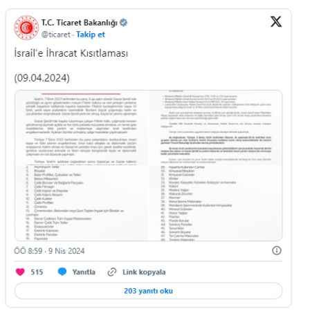 İsrail'le ticaret kısıtlaması!