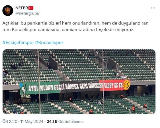 Kocaelispor tribünlerine asıldı, ‘ES ES’ teşekkür etti