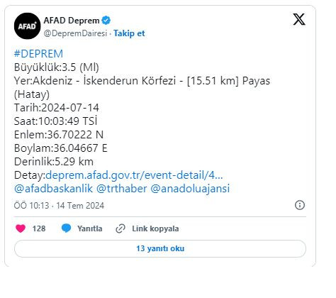 AFAD duyurdu: İskenderun Körfezi'nde deprem!