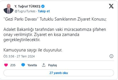Adalet Bakanlığı onay verdi: AKP'li Türkeş, Gezi tutukluları ile görüşecek