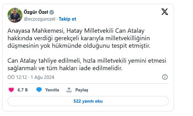 Anayasa Mahkemesi'nden Can Atalay kararı!