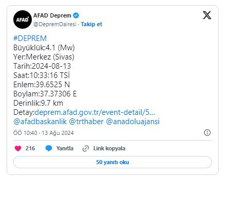 AFAD duyurdu: Sivas'ta deprem!