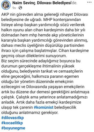 Komünist başkandan MHP’li Sevinç’e destek